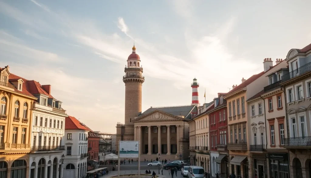 An old European town nestled along the Black Sea coast, the historic center of Constanța showcases a captivating blend of architectural styles. In the foreground, the iconic Ovidiu Square is framed by quaint, pastel-colored buildings with ornate facades. In the middle ground, the imposing Roman edifice stands tall, a testament to the city's ancient heritage. In the background, the majestic Genoese Lighthouse, with its distinctive red-and-white striped tower, overlooks the bustling harbor. Warm sunlight filters through wispy clouds, casting a golden glow over the scene. The overall atmosphere evokes a sense of timeless charm and tranquility, inviting the viewer to explore this enchanting corner of Romania.