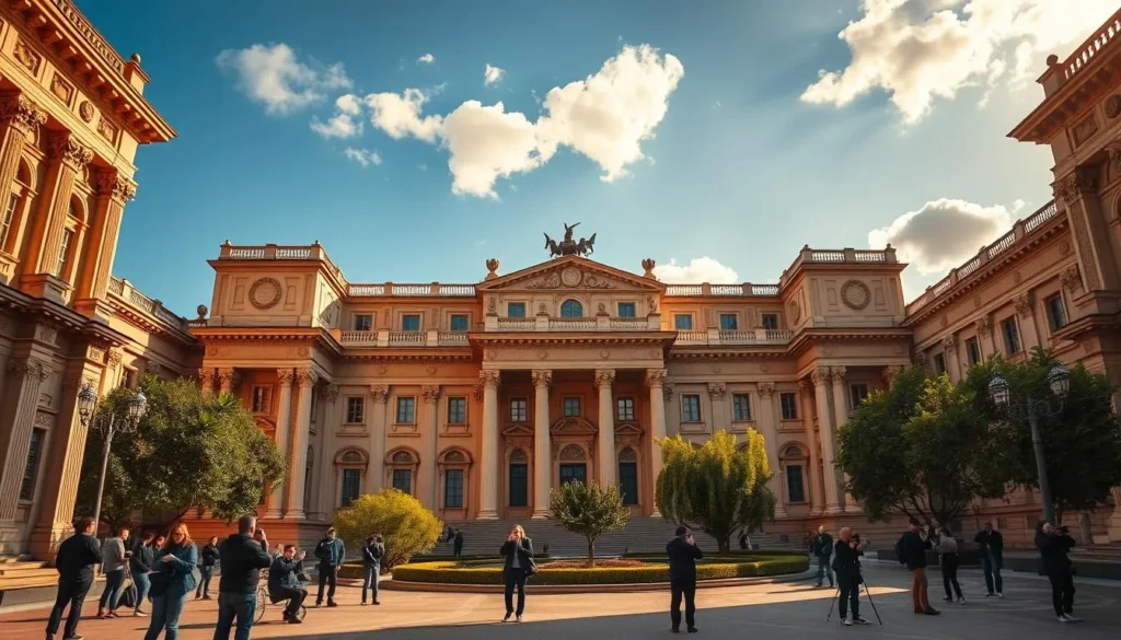An ornate and majestic photography palace of culture, its grand neoclassical facade bathed in warm, golden light. Intricate carved columns and ornate architectural details frame the scene, creating a sense of timeless elegance. In the foreground, a small plaza bustles with photographers capturing the palace's grandeur, their cameras and tripods silhouetted against the soft, diffused light. The middle ground features lush, verdant foliage, complementing the palace's stately presence. In the background, a clear blue sky with fluffy clouds completes the serene, picturesque atmosphere, inviting the viewer to step into this magnificent cultural landmark on a beautiful day.
