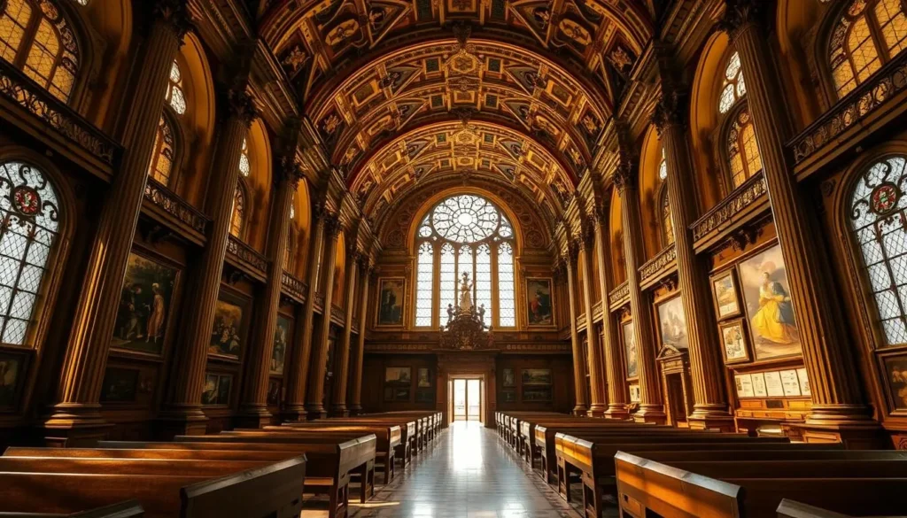 An ornate, high-ceilinged hall with exquisite Baroque architecture, bathed in warm, golden light filtering through stained glass windows. Towering columns support the intricate vaulted ceiling, while richly decorated walls display a tapestry of historical artifacts and artworks. Rows of polished wooden benches invite visitors to immerse themselves in the captivating narratives of the past. A sense of grandeur and reverence permeates the space, inviting contemplation and a deeper appreciation for the region's cultural heritage.