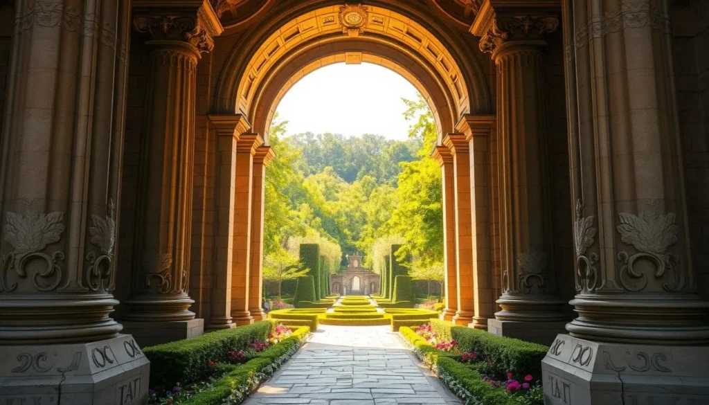An ornate stone archway, sunlight pouring through, framing a lush, verdant landscape beyond. Grandiose columns flank the entrance, carved with intricate natural motifs. The path leading in is lined with neatly trimmed hedges and colorful flower beds, inviting exploration. A sense of wonder and discovery emanates from this grand, welcoming portal. Capture this scene with a wide-angle lens, highlighting the impressive scale and architectural details. The overall mood should be one of serene anticipation, hinting at the adventure that awaits within.
