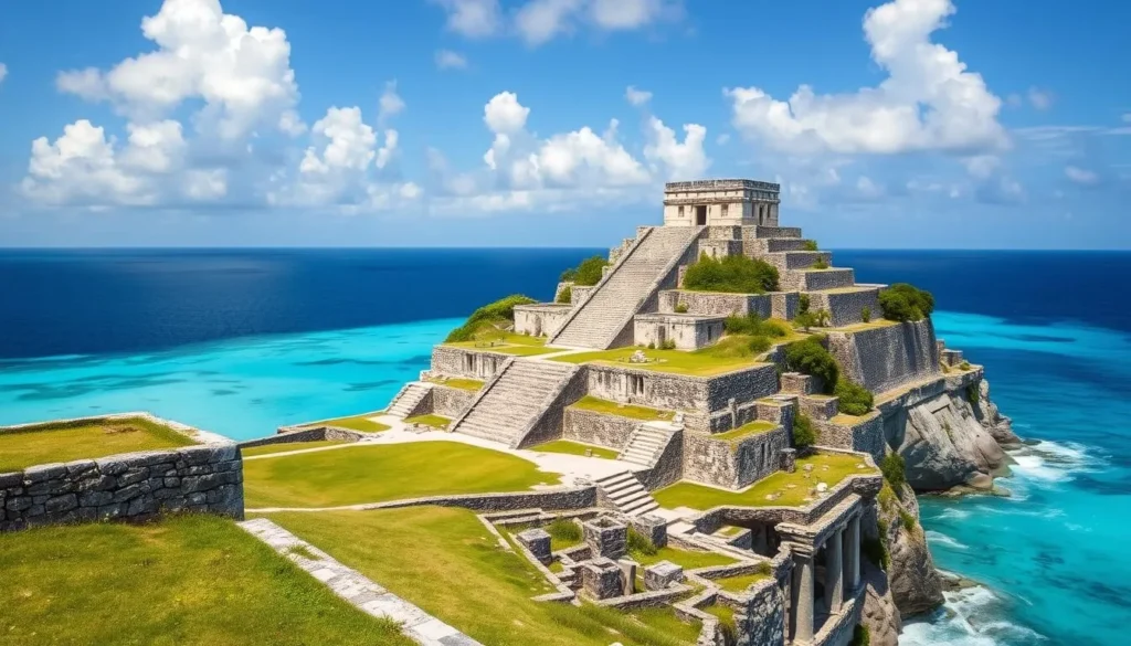 Ancient Mayan ruins of Tulum overlooking the turquoise Caribbean Sea in Quintana Roo, Mexico