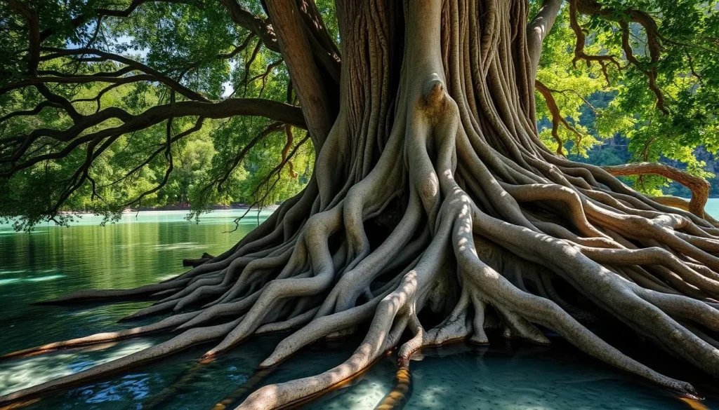 Ancient Montezuma cypress trees with exposed roots at Lago de Camecuaro National Park