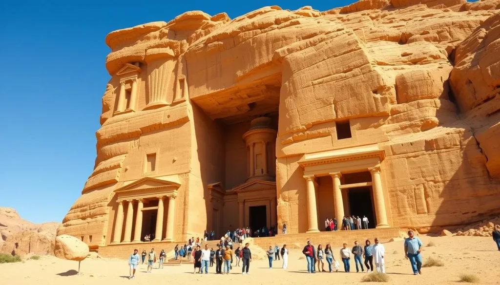 Ancient Nabatean tombs at Madain Saleh near Al-Ula, showing the impressive rock-cut architecture similar to Petra