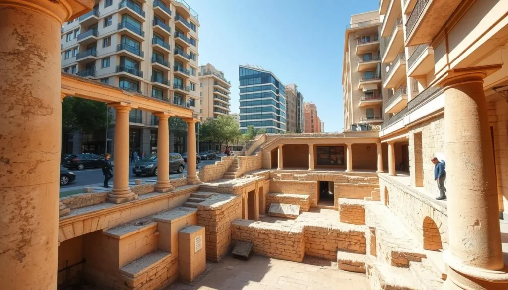 Ancient Roman Baths ruins in downtown Beirut with informational plaques