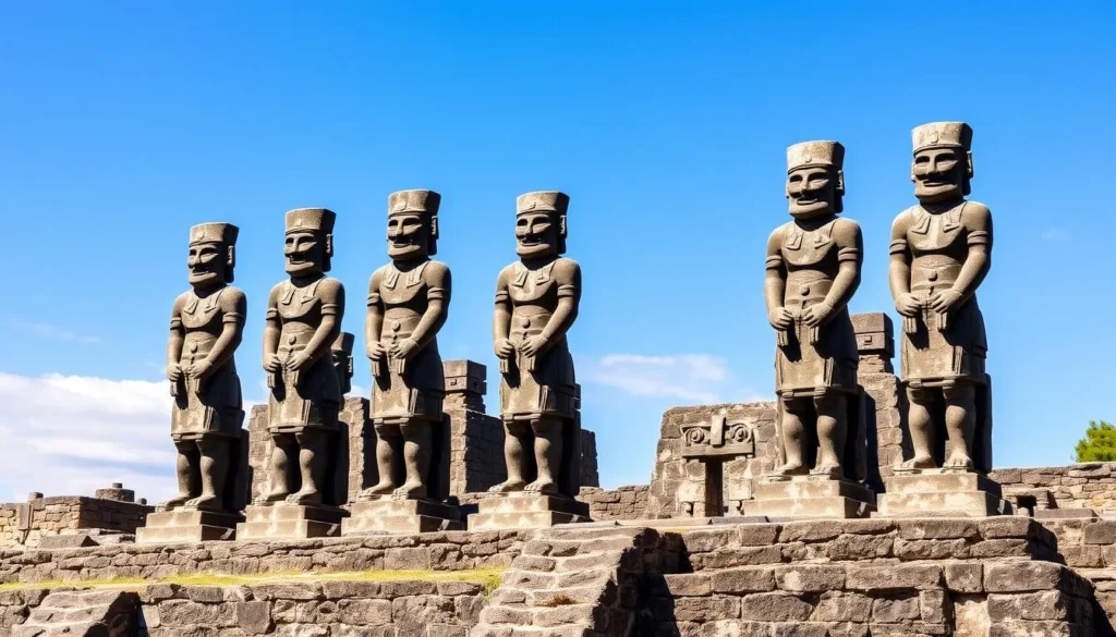 Ancient Toltec stone warriors (Atlantes) at the archaeological site of Tula in Hidalgo, Mexico Ancient Toltec stone warriors (Atlantes) at the archaeological site of Tula in Hidalgo, Mexico
