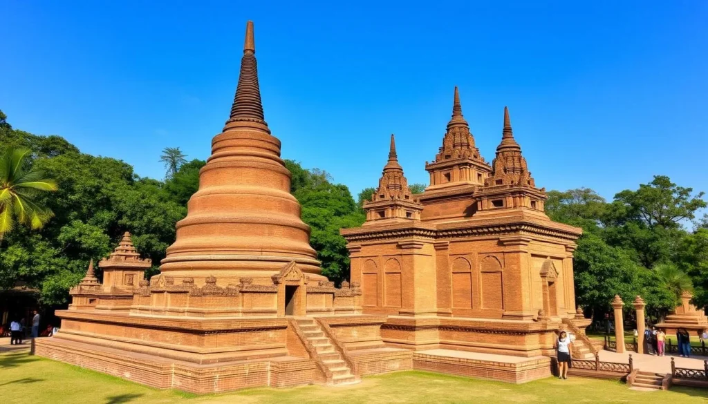Ancient brick structures of Muara Takus Buddhist Temple complex surrounded by greenery