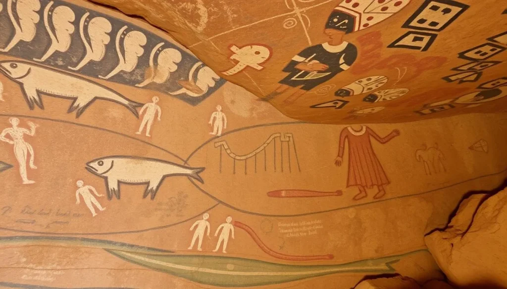 Ancient cave paintings in Phou Xieng Thong National Protected Area showing prehistoric scenes