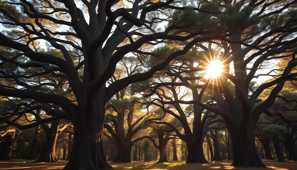 Ancient cedar trees in the Chouf Cedar Reserve with sunlight filtering through their branches