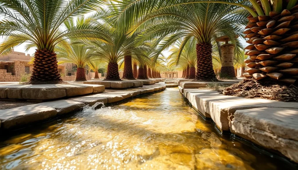 Ancient falaj irrigation system flowing through Misfah al Abriyyin's date palm plantations