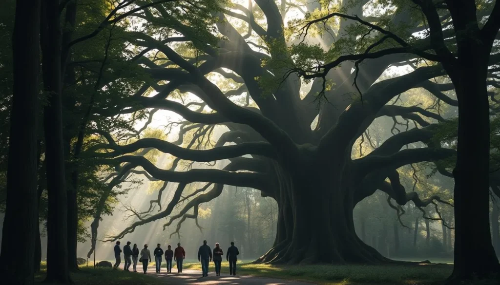 Ancient oak trees in Sherwood Forest with sunlight filtering through the leaves Ancient oak trees in Sherwood Forest with sunlight filtering through the leaves