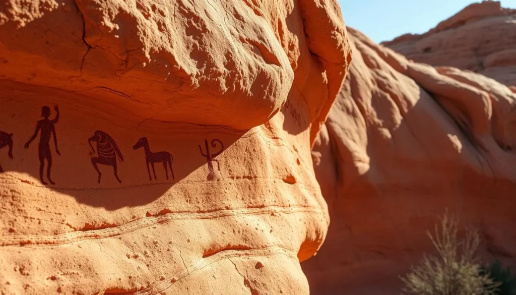 Ancient petroglyphs carved into the red rock walls of Talampaya National Park Ancient petroglyphs carved into the red rock walls of Talampaya National Park