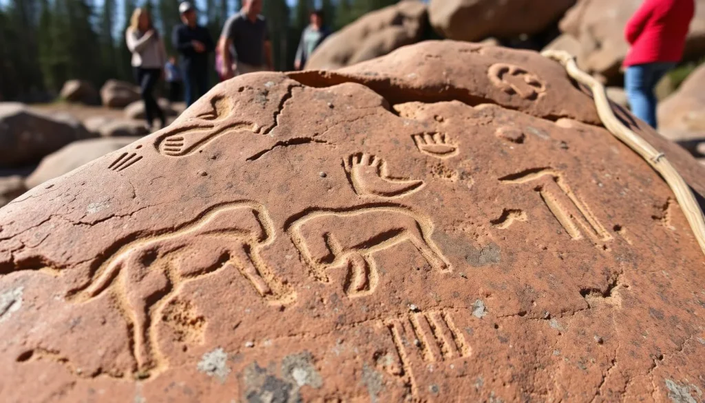Ancient rock art petroglyphs at Tomskaya Pisanitsa Museum-Reserve in Kemerovo Russia Ancient rock art petroglyphs at Tomskaya Pisanitsa Museum-Reserve in Kemerovo Russia