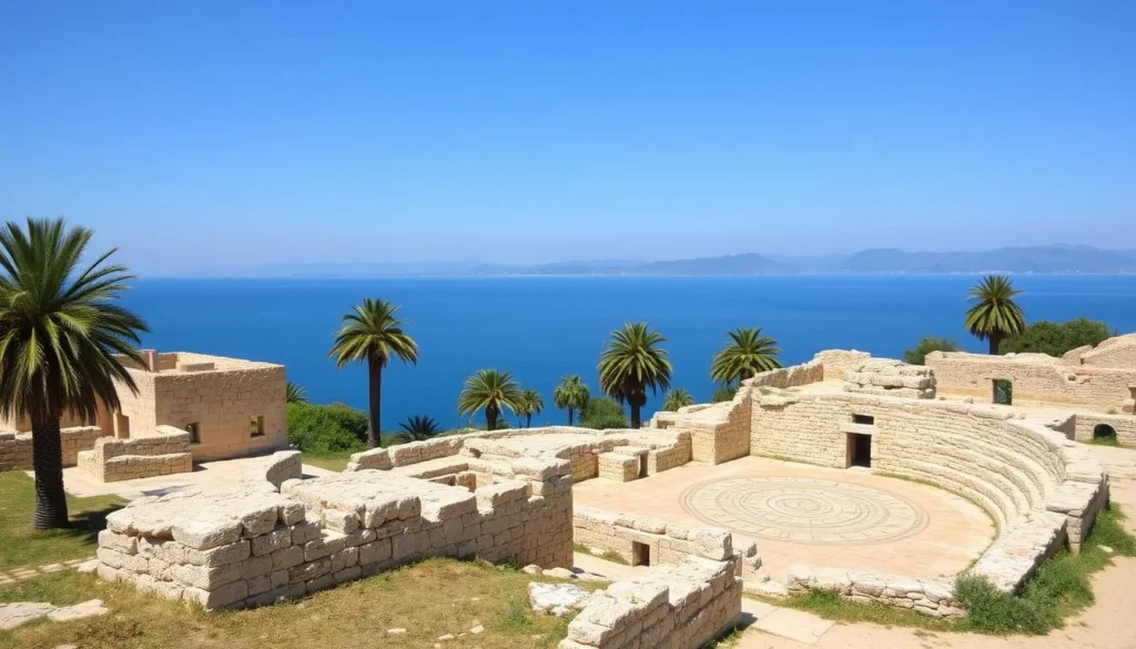 Ancient ruins at Hamat Tiberias National Park with the Sea of Galilee in the background Ancient ruins at Hamat Tiberias National Park with the Sea of Galilee in the background