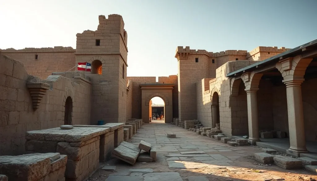 Ancient ruins in Ar-Raqqah's Old City District showing Abbasid-era architecture with the Baghdad Gate visible