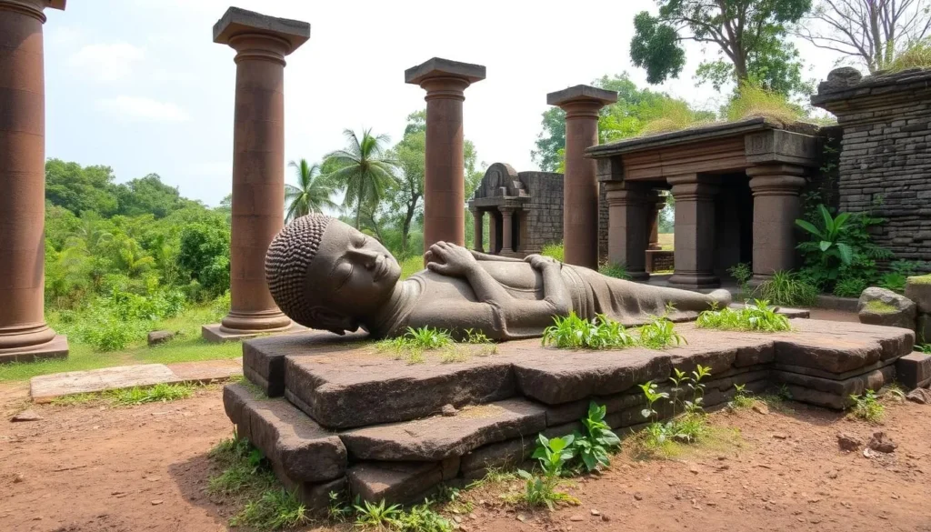 Ancient ruins of Buduruwayaya in Wasgamuwa National Park with stone pillars and Buddha statue