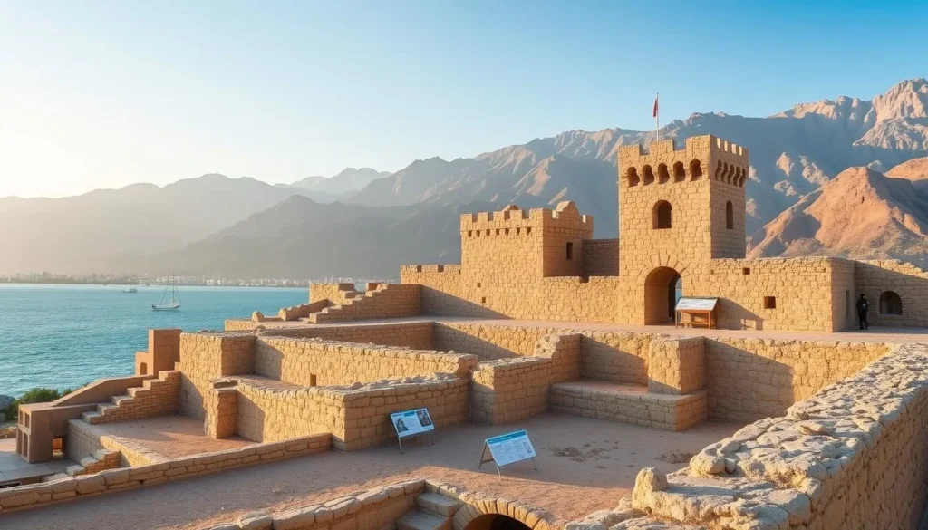 Ancient ruins of Dibba Bay Fort with traditional architecture against mountain backdrop