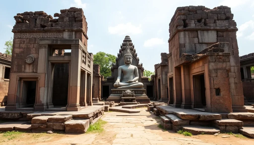 Ancient ruins of Wat Phiawat temple in Muang Khoun with its distinctive Buddha statue visible among the remains