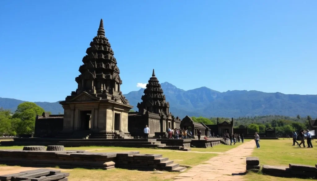 Ancient ruins of Wat Phou temple near Pakse, Laos with mountain backdrop