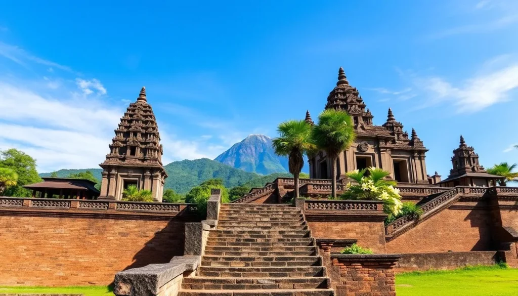 Ancient ruins of Wat Phu temple complex with mountain backdrop in Champasak