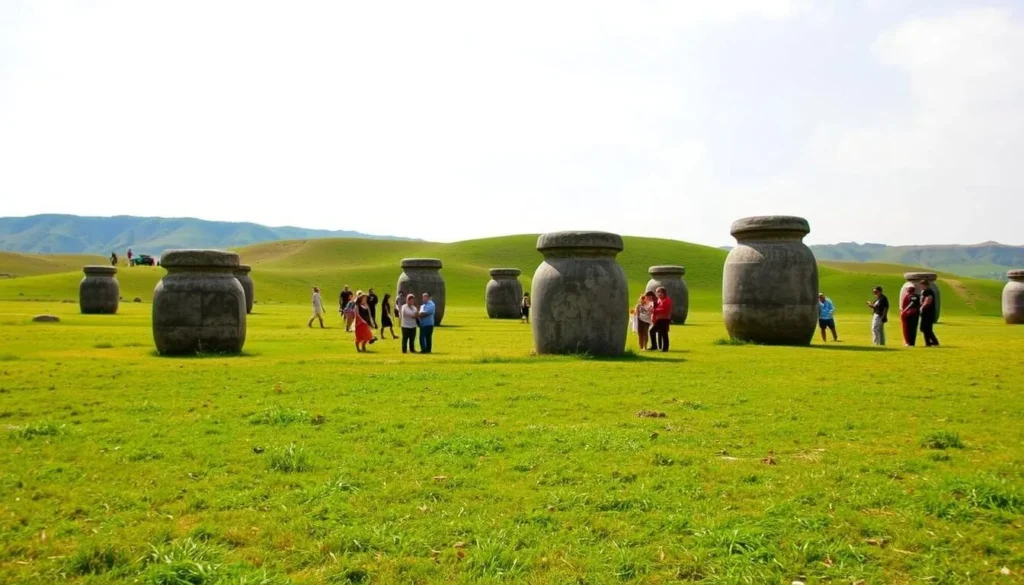 Ancient stone jars at Site 1 of the Plain of Jars with tourists exploring the UNESCO World Heritage site