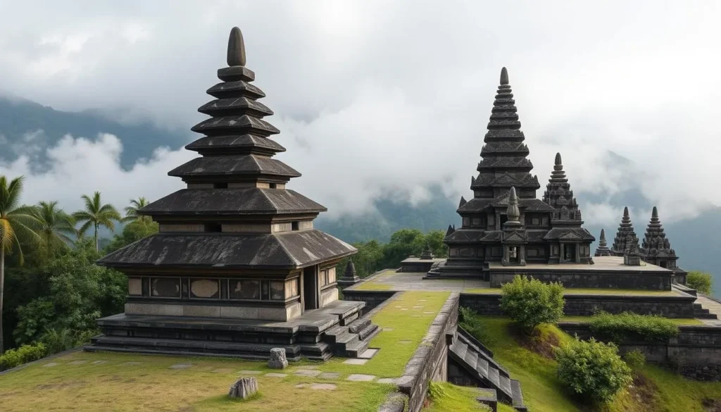 Ancient stone structures of Candi Sukuh temple on the slopes of Mount Lawu
