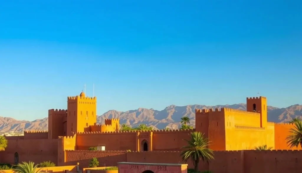 Ancient walls of Taroudant city with Atlas Mountains in background