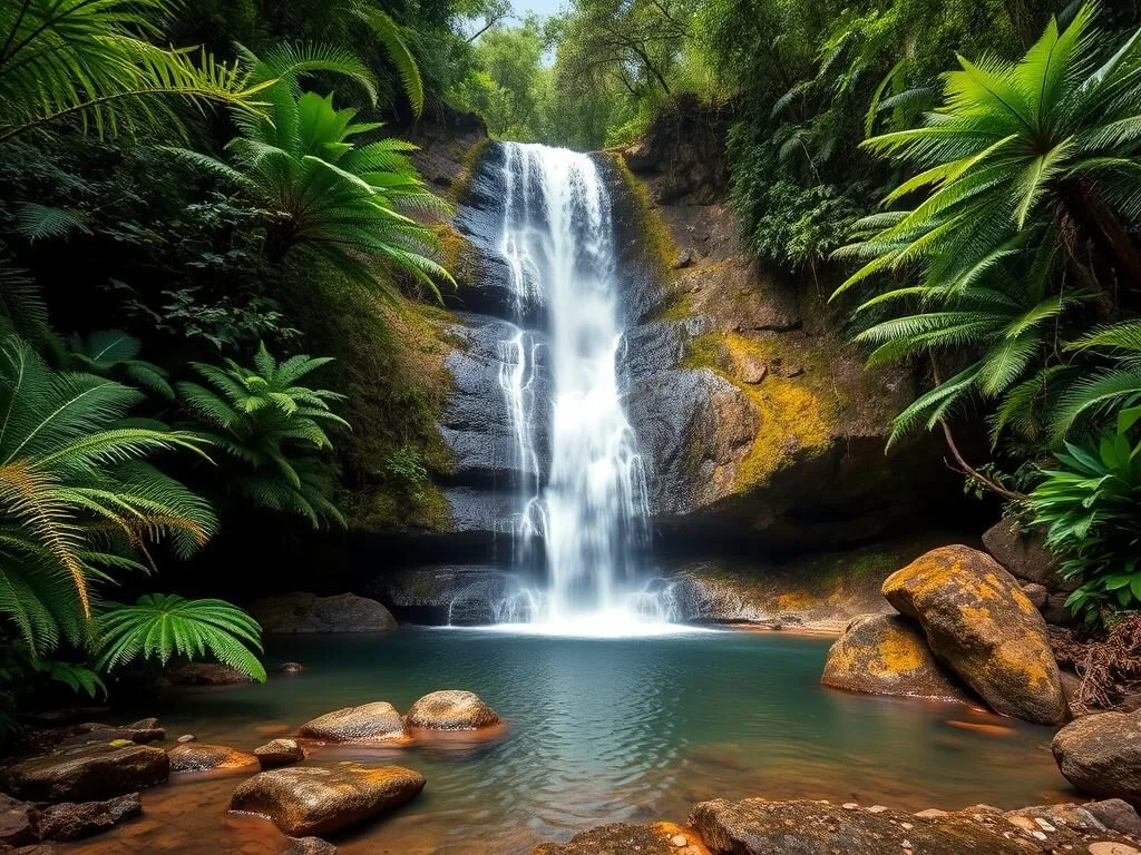 Andrevaronina waterfall cascading through the forest with clear pools at its base