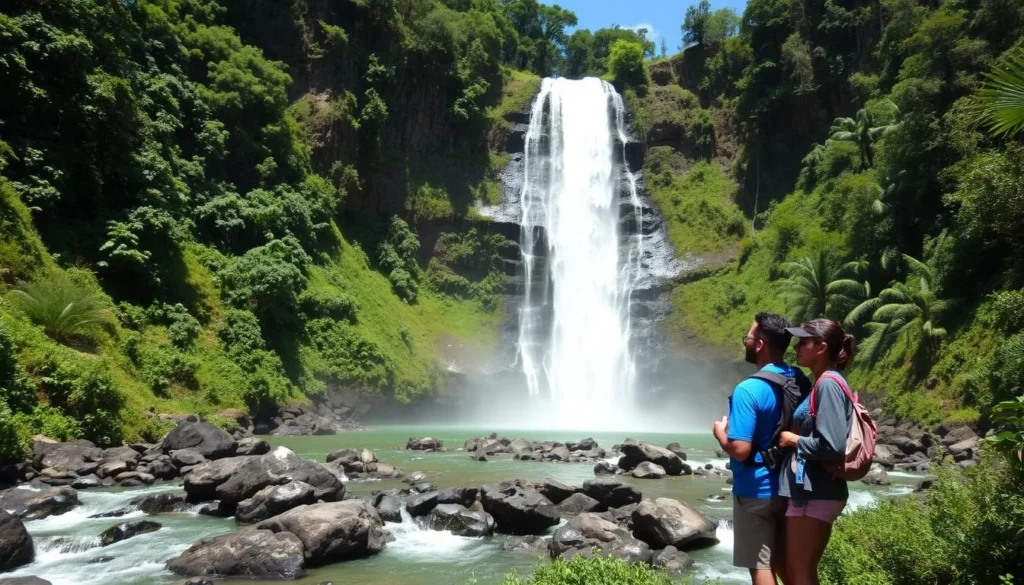 Andrevaronina waterfall in Marolambo National Park with tourists admiring the cascading water
