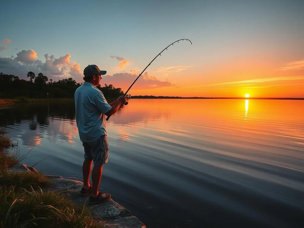 Angler fishing from the shore of Lake Kissimmee with the sunset in the background