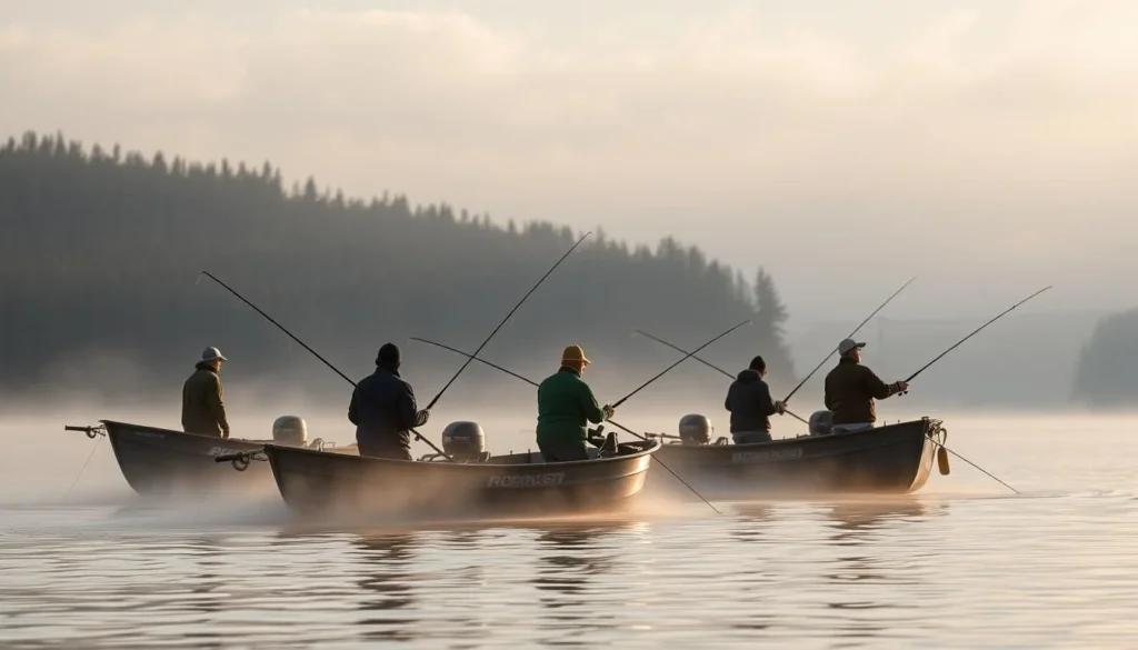 Anglers fishing on Bratsk Reservoir with boats and scenic forested shoreline