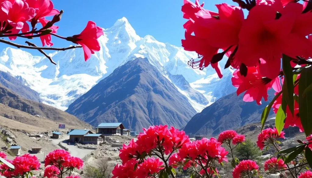 Annapurna Base Camp surrounded by snow-capped peaks during spring with rhododendron flowers in bloom
