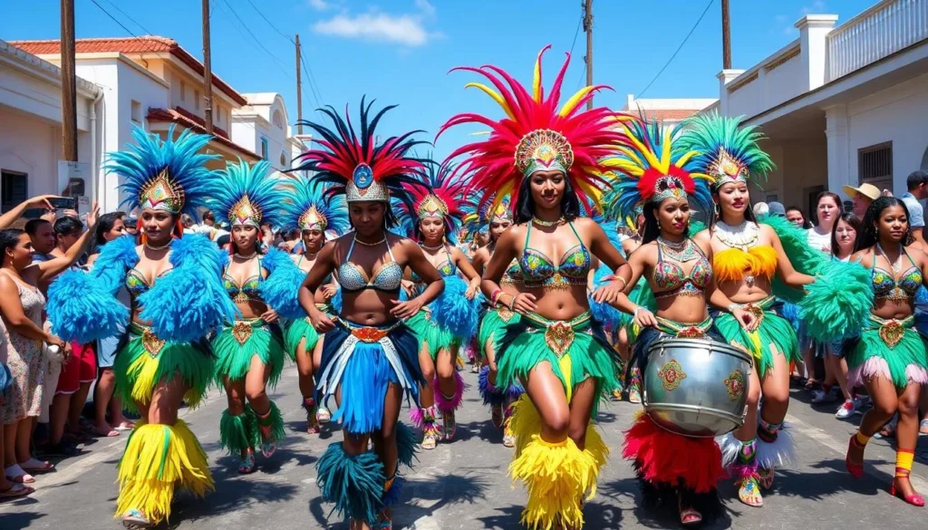 Antigua Carnival celebration with colorful costumes and dancers
