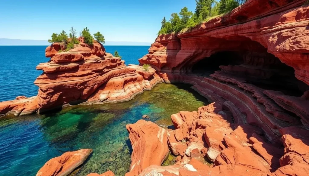 Apostle Islands National Lakeshore with sea caves and Lake Superior shoreline