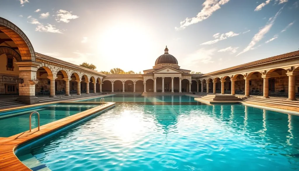 Aquae Calidae thermal baths, nestled in the heart of Burgas, Bulgaria, stand as a captivating fusion of ancient history and modern allure. Capture the grandeur of the expansive outdoor complex, with its impressive stone arches and domed roofs basking in the warm, golden glow of the sun. Depict the serene pools, their azure waters inviting visitors to immerse themselves in the soothing thermal springs that have drawn people to this place for centuries. Showcase the elegant, contemporary museum building that complements the historic ruins, blending seamlessly with the natural landscape. Convey a sense of tranquility and relaxation, as if the viewer is transported back in time to experience the timeless rejuvenation of these ancient Thermopolis baths.