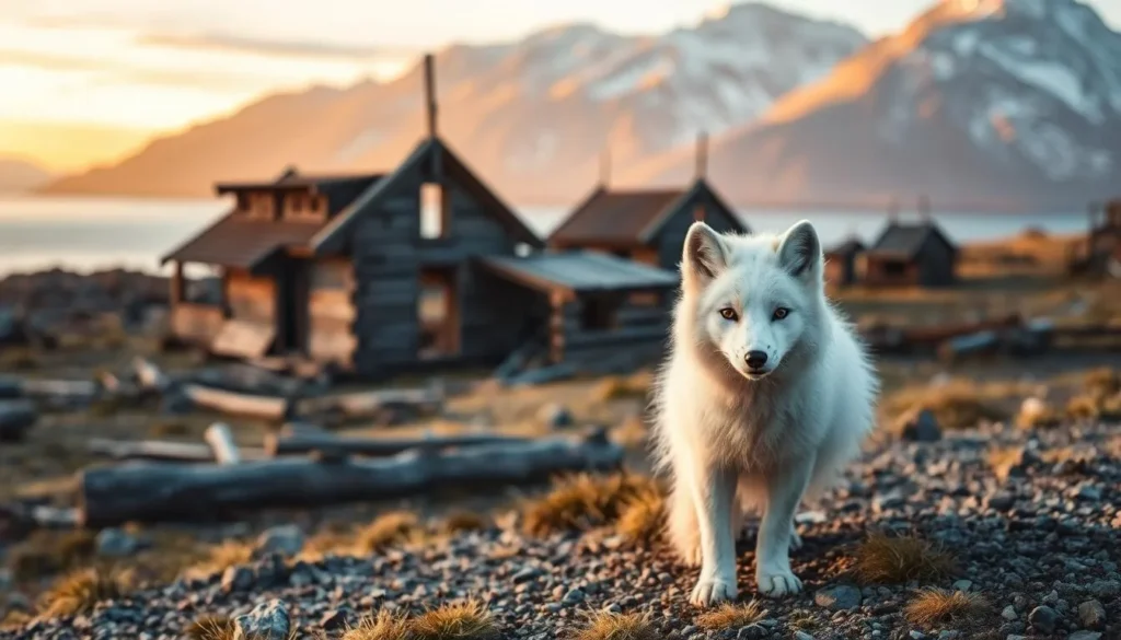 Arctic fox near historic expedition ruins in Etah, Greenland Arctic fox near historic expedition ruins in Etah, Greenland