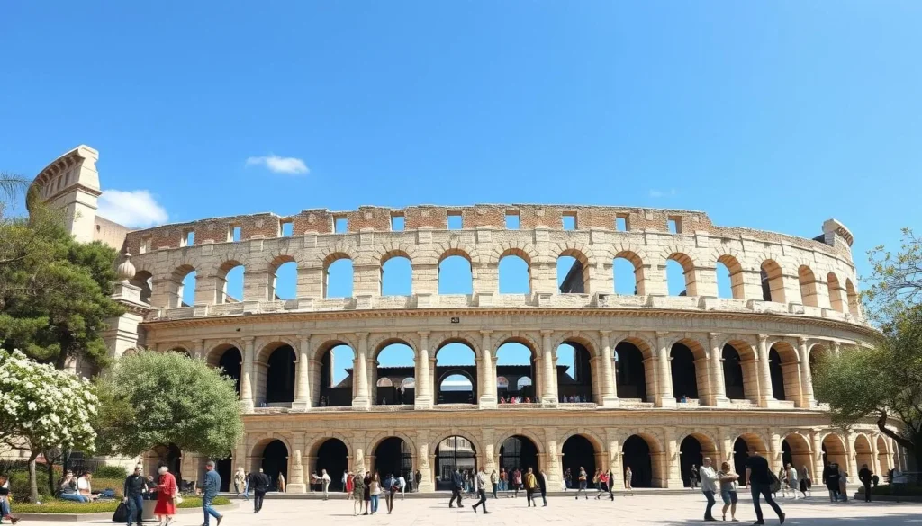 Arena of Nimes (Roman amphitheater) with visitors during spring