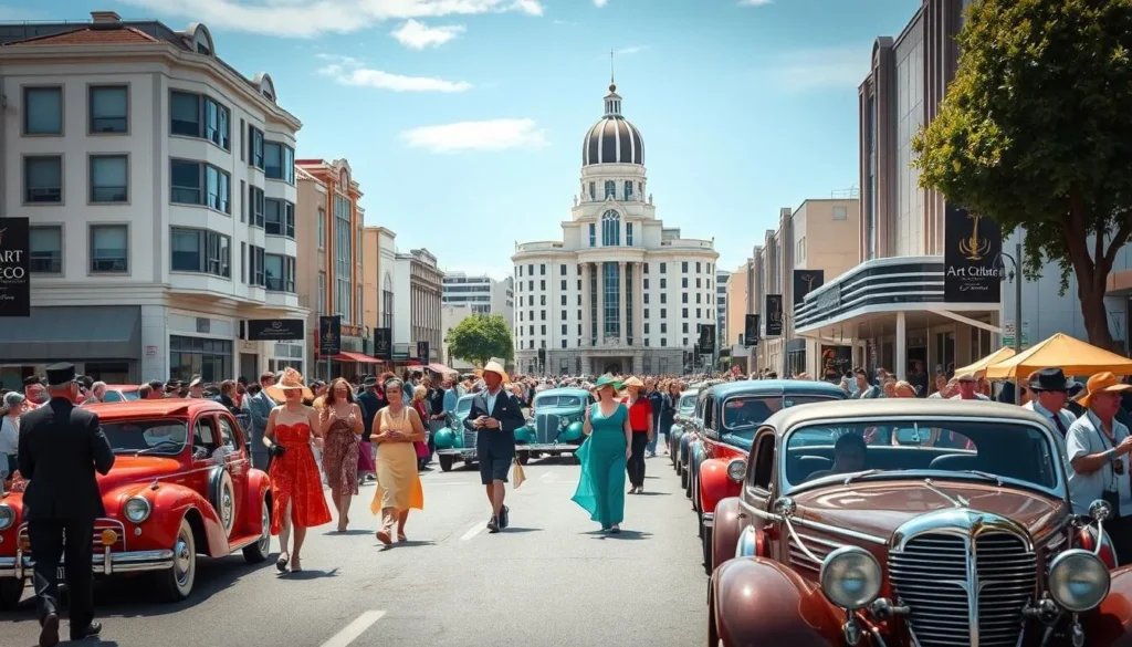 Art Deco Festival in Napier with people in 1930s costumes and vintage cars