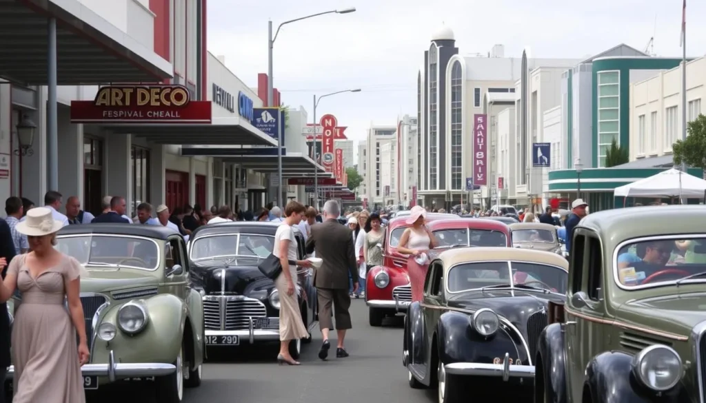Art Deco Festival in Napier with people in 1930s costumes and vintage cars Art Deco Festival in Napier with people in 1930s costumes and vintage cars