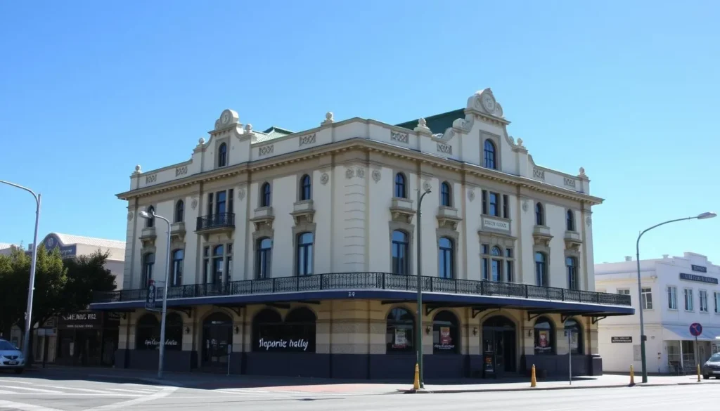 Art Deco Masonic Hotel in Napier with its distinctive architecture and period details Art Deco Masonic Hotel in Napier with its distinctive architecture and period details