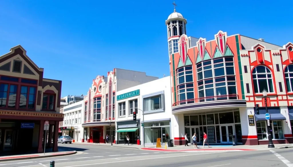 Art Deco buildings in downtown Napier showcasing the distinctive architectural style Art Deco buildings in downtown Napier showcasing the distinctive architectural style
