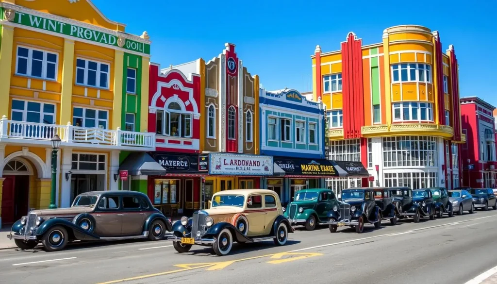 Art Deco buildings on Marine Parade in Napier with vintage cars parked outside