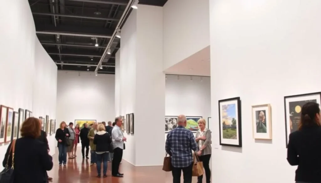 Art exhibition at the Western Plains Cultural Centre in Dubbo with visitors viewing displays