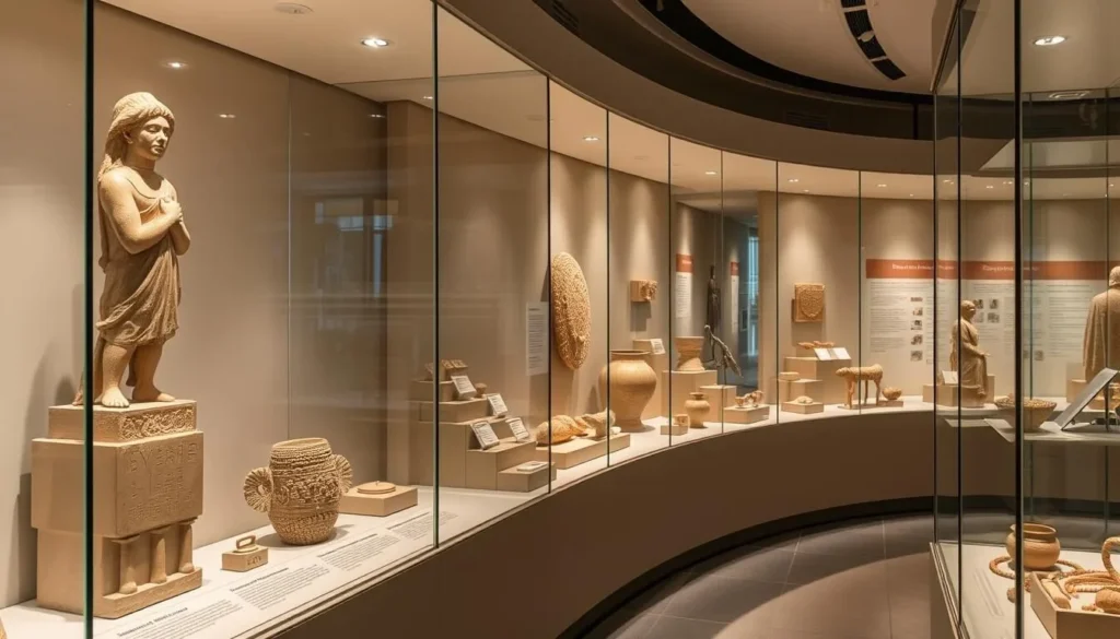 Artifacts from Nineveh displayed in a museum showing Assyrian art and culture