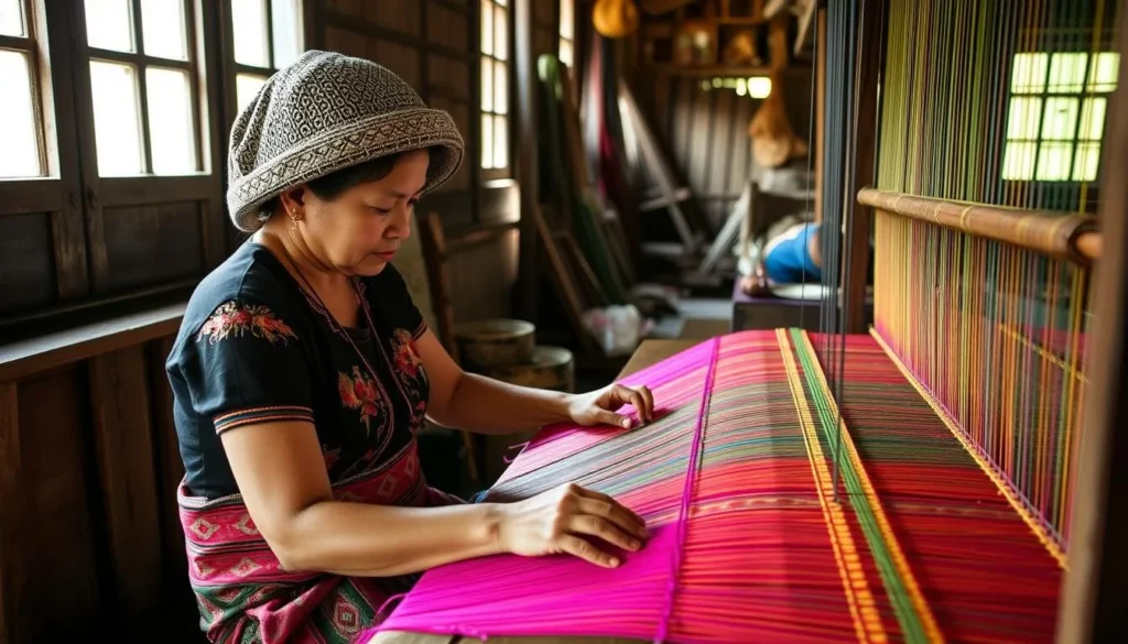 Artisan at the Mulberry Silk Farm demonstrating traditional weaving techniques