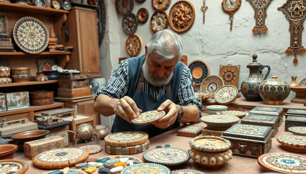 Artisan creating handmade mosaic souvenirs in a traditional workshop in Madaba Artisan creating handmade mosaic souvenirs in a traditional workshop in Madaba