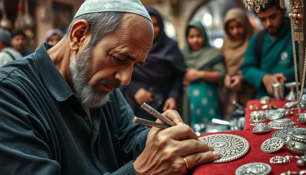 Artisan engraving silver jewelry in Tiznit's famous jewelry souk with customers watching