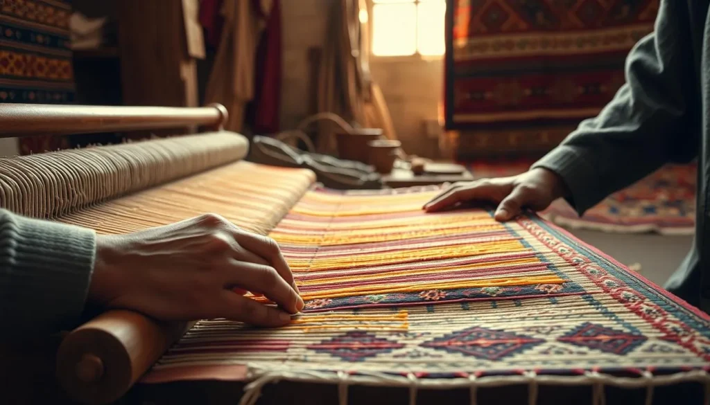 Artisan weaving a traditional Kairouan carpet on a loom