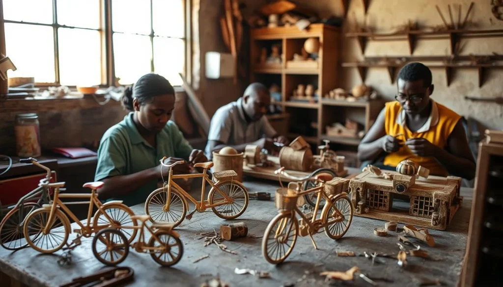 Artisan workshop in Antsirabe Madagascar showing craftspeople creating miniature models from recycled materials Artisan workshop in Antsirabe Madagascar showing craftspeople creating miniature models from recycled materials