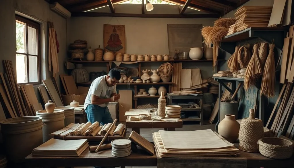 Artisan workshop in Barichara showing traditional paper-making process using natural fibers Artisan workshop in Barichara showing traditional paper-making process using natural fibers