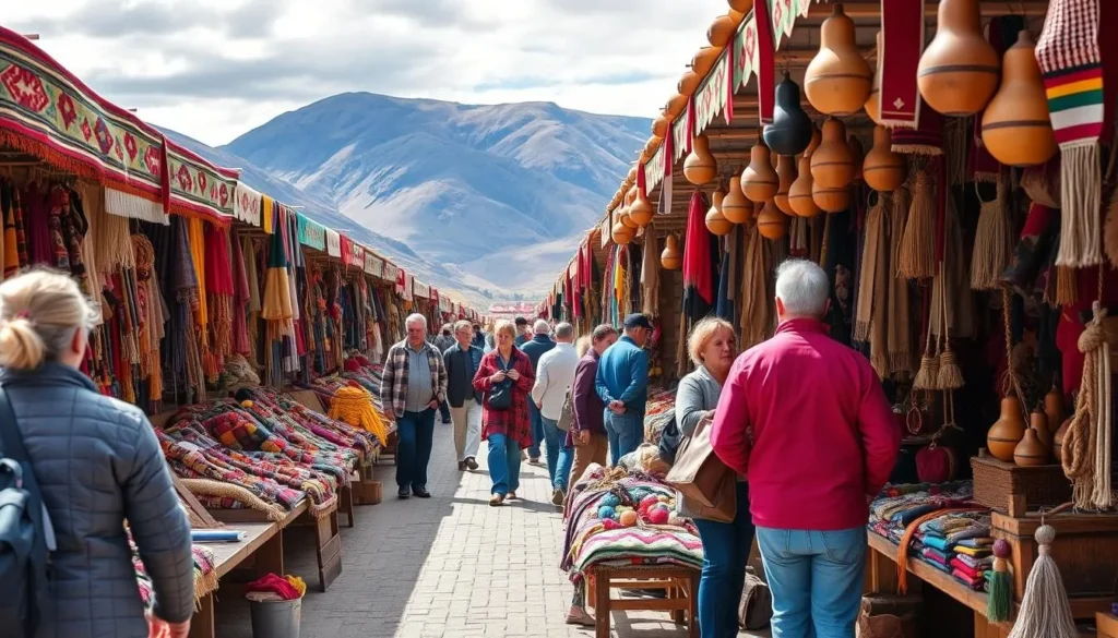 Artisanal market in El Calafate with colorful local crafts, textiles and souvenirs